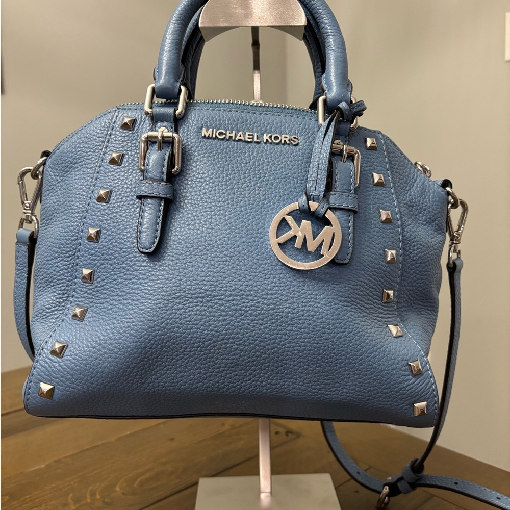 Michael Kors Medium Studded Ciara Satchel in Blue Pebbled Leather